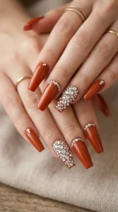 Burnt Orange Coffin Nails with Rhinestones
