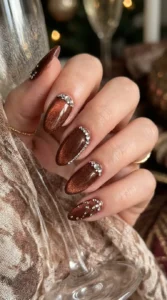 Cinnamon Velvet Nails with Rhinestones