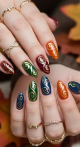 Gold Accent Swirl Fall Nails