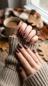 Matte Burgundy Plaid Nails