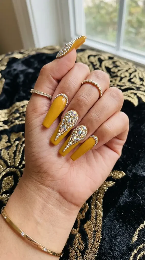 Mustard Yellow Coffin Nails with Rhinestones
