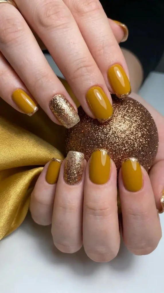 Mustard Yellow Glitter Accent Nails