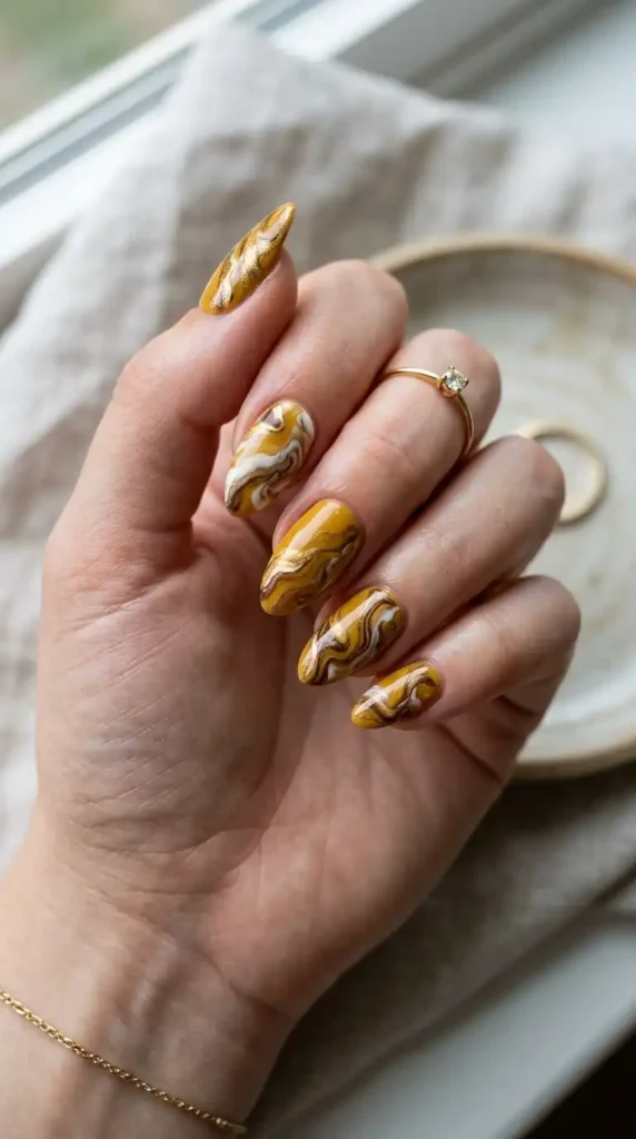 Mustard Yellow Marble Nails