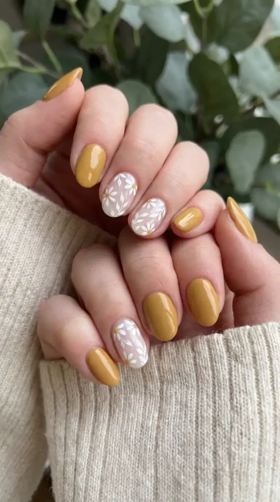 Mustard Yellow and White Floral Nails