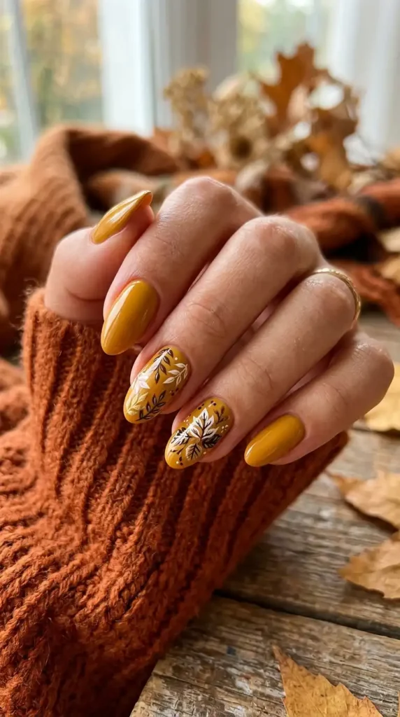 Mustard Yellow with Leaf Art