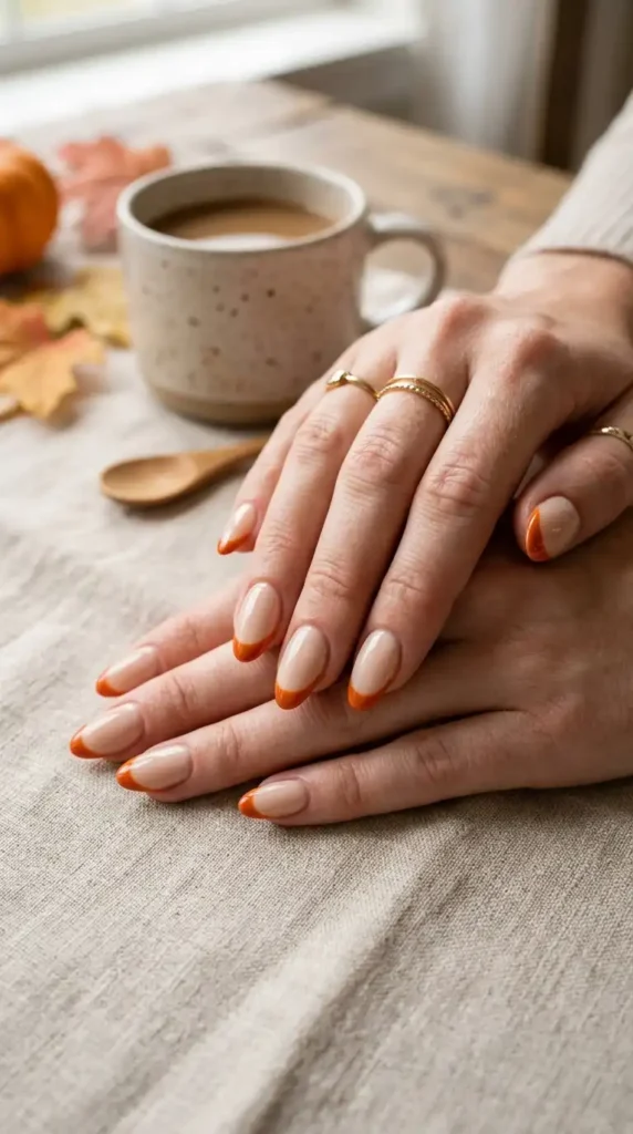 Neutral Nails with Orange Tips