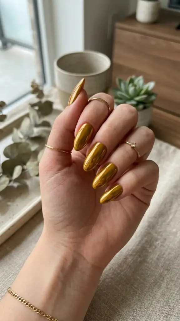 Mustard Yellow Chrome Nails