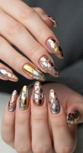 Abstract Foil Flakes on Taupe Nails