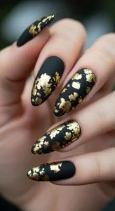 Black Nails with Scattered Gold Foil