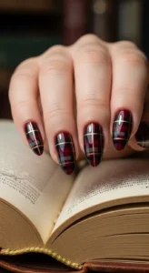 Burgundy Plaid Nails