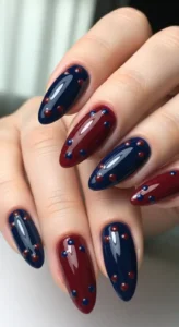 Burgundy and Blue Dot Nails
