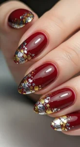 Dark Red Nails with Foil Cuticle Accents