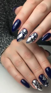 Deep Navy Nails with Silver Foil
