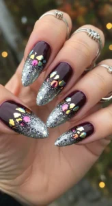 Glitter + Foil Combo on Plum Nails