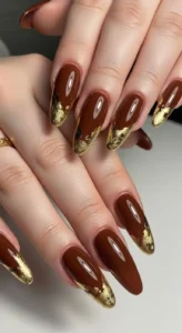 Glossy Brown Nails with Gold Foil Edges