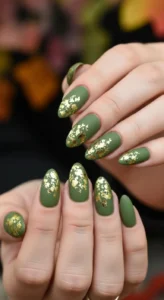 Matte Olive Nails with Gold Foil Flakes