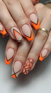 Neutral Nails with Orange Geometric Tips