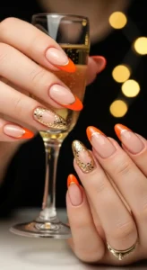 Neutral Nails with Orange and Gold Tips