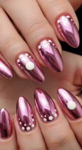 Pink Chrome Dot Nails