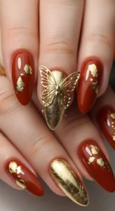Rust + Gold Butterfly Accent Nails